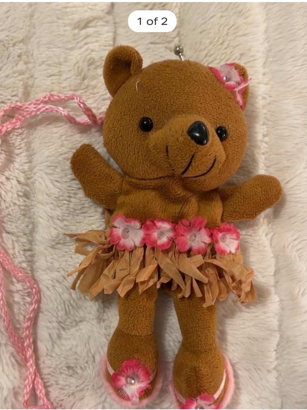 Brown Plush Bear Hula Doll with Pink Floral Accents